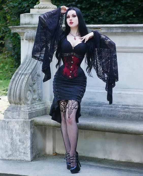 Gothic Romance Black Dress with Red Corset